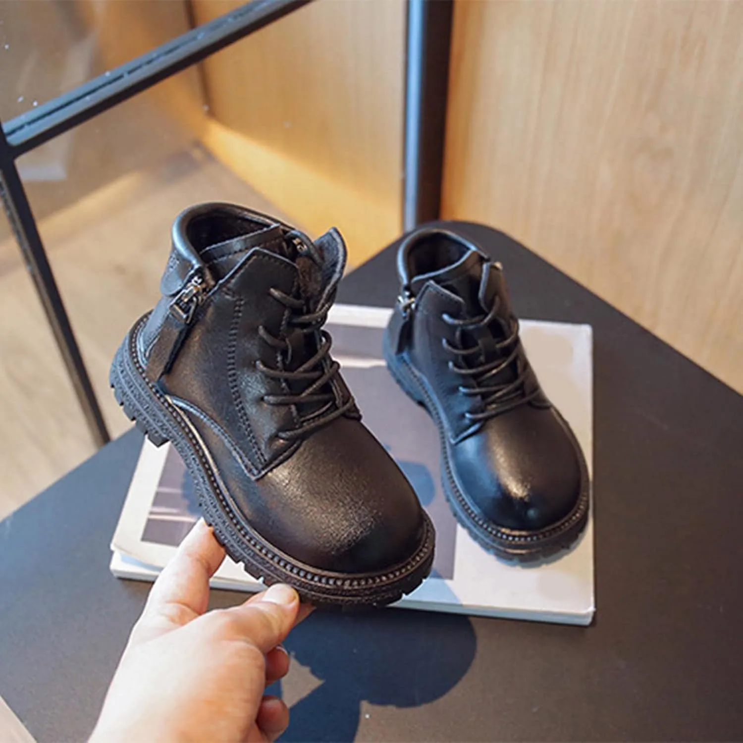 Winter Children Boots Boys Girls Ankle Boots Round Toe Thick Sole Non Slip Warm Both Side Zipper Bootie Hiking Shoes (Black, 4.5-5 Years Toddler)