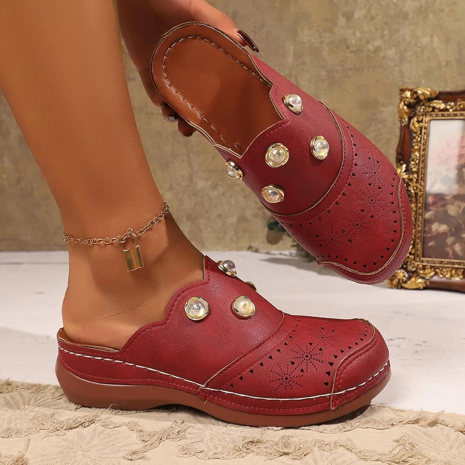 Women Arch Support Slides Closed Toe Cute Mules Women Slip On Summer Mule High Heels Slipper Dressy Orthopedic Sandale