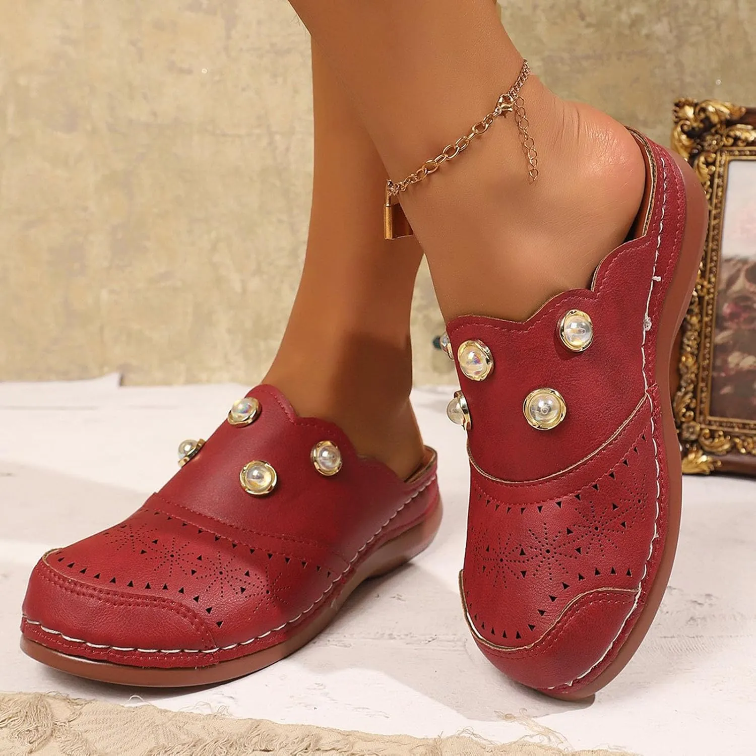 Women Arch Support Slides Closed Toe Cute Mules Women Slip On Summer Mule High Heels Slipper Dressy Orthopedic Sandale