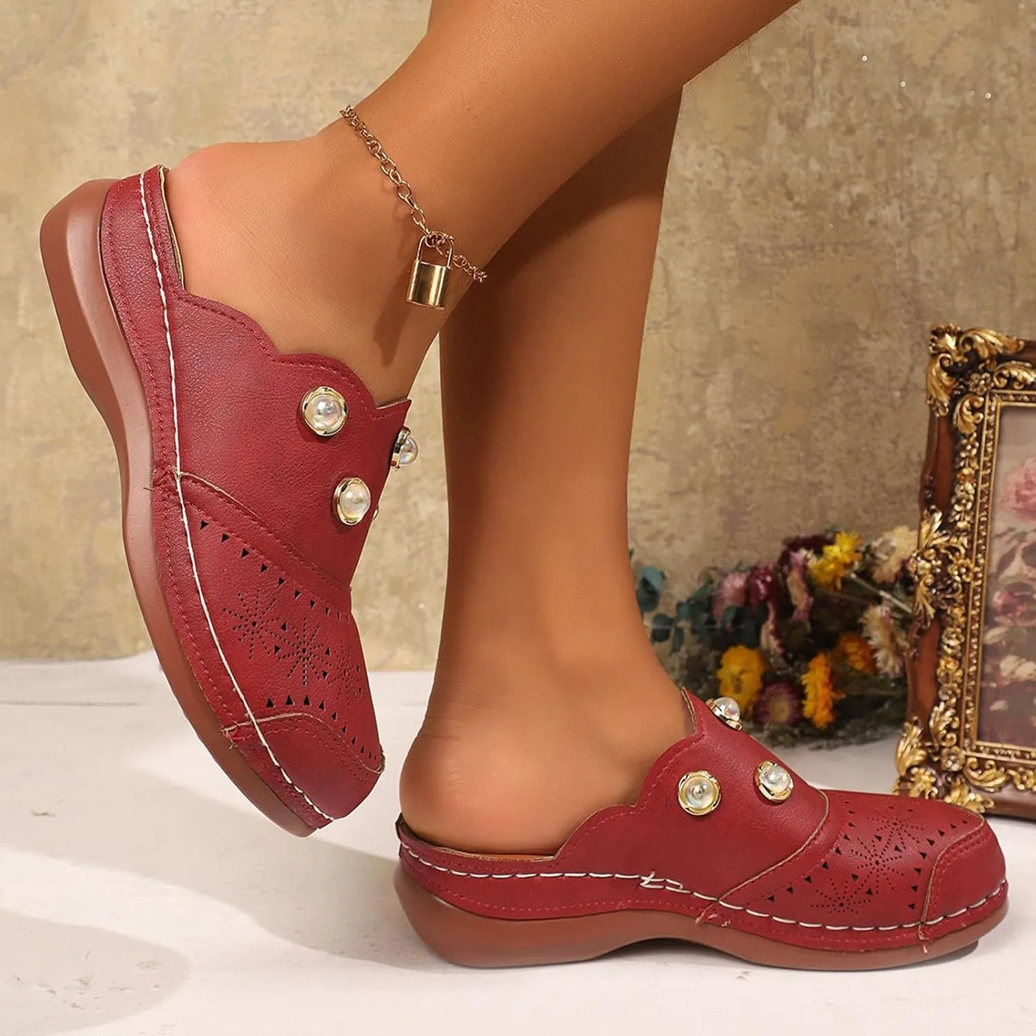Women Arch Support Slides Closed Toe Cute Mules Women Slip On Summer Mule High Heels Slipper Dressy Orthopedic Sandale