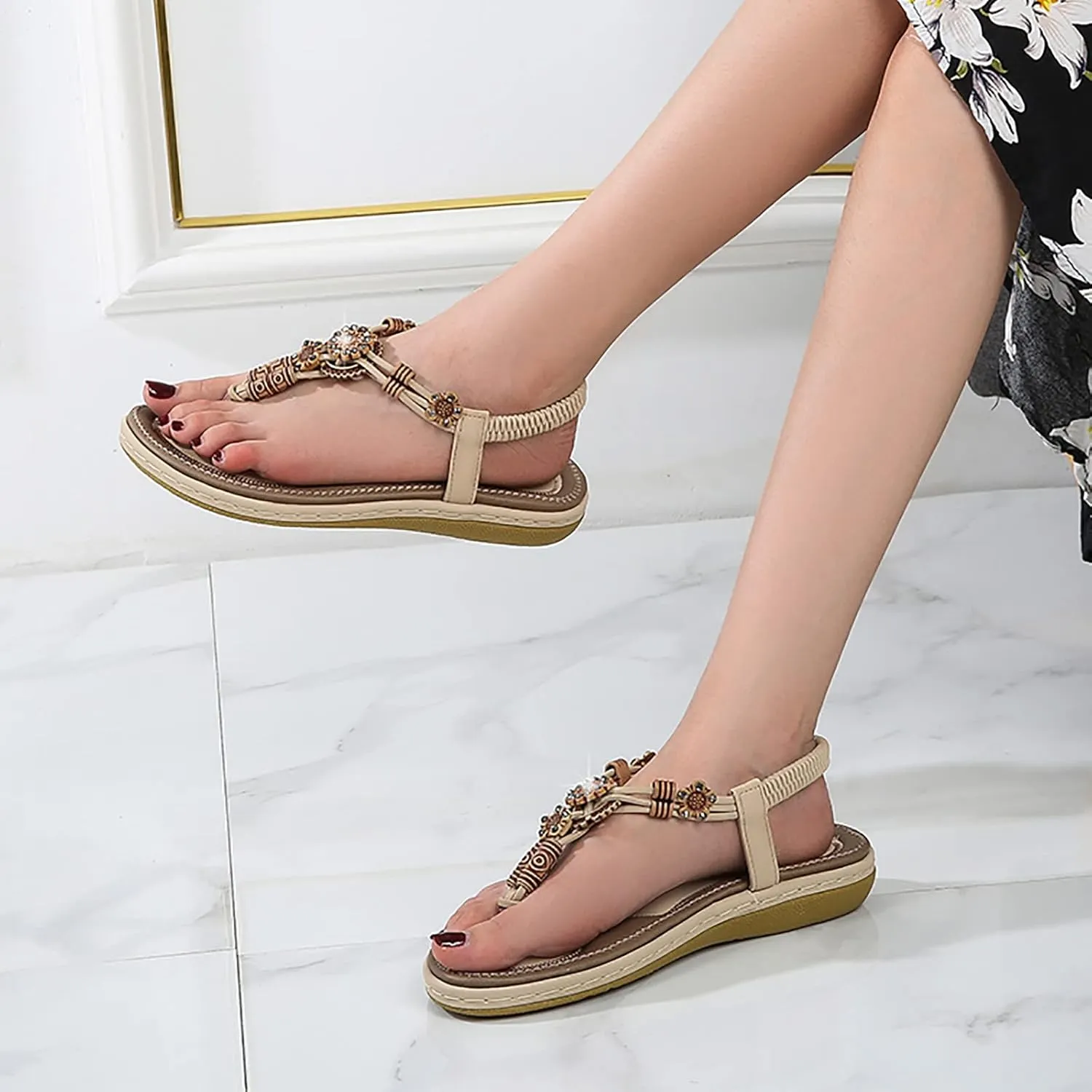 Women Bohemia Sandal Elastic Ankle Strap Dress Shoes Summer Flowers Beach Thong Sandals For Party Wedding School