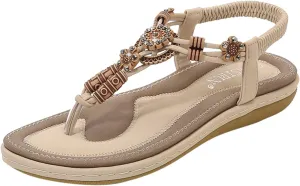 Women Bohemia Sandal Elastic Ankle Strap Dress Shoes Summer Flowers Beach Thong Sandals For Party Wedding School