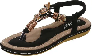 Women Bohemia Sandal Elastic Ankle Strap Dress Shoes Summer Flowers Beach Thong Sandals For Party Wedding School