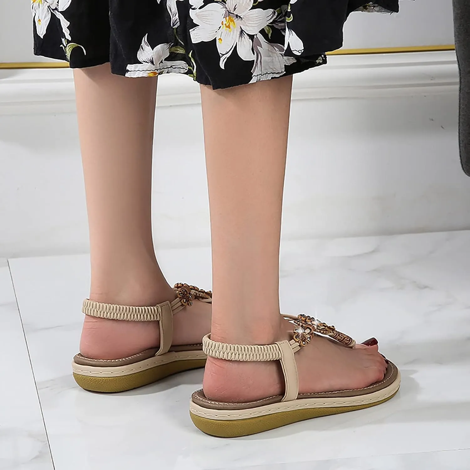 Women Bohemia Sandal Elastic Ankle Strap Dress Shoes Summer Flowers Beach Thong Sandals For Party Wedding School