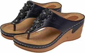 Women Boho Wedge Flip Flops Arch Support Summer Thong Sandals Flower Decor Clip Toe Slipper Beach Vacation Sandal Shoes