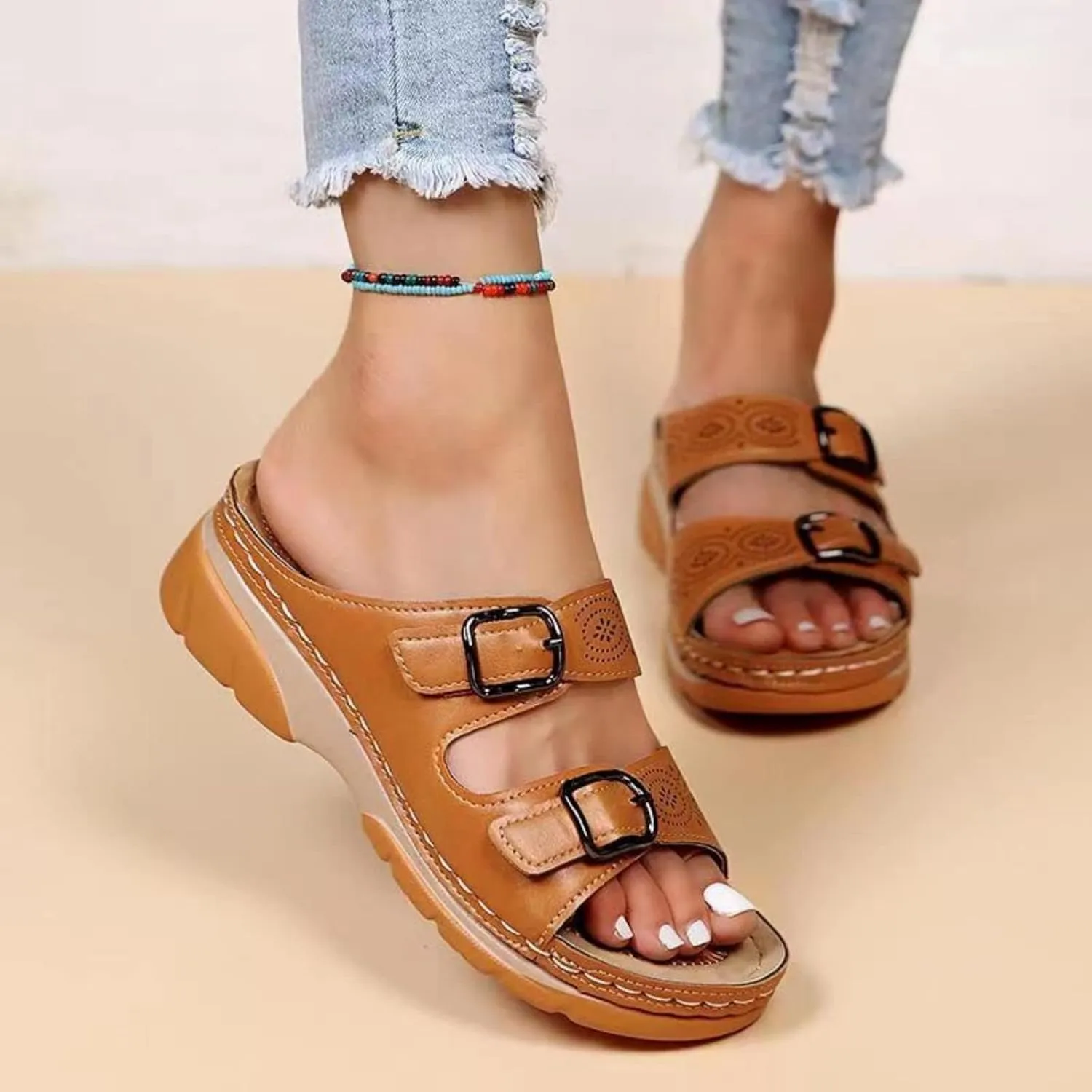 Women Leather Sandals with Arch Support Open Toe Hollow Out Wedge Sandals Adjustable Slip on Sandal Summer Slip-on Slippers Platform Sandal for Women 2025