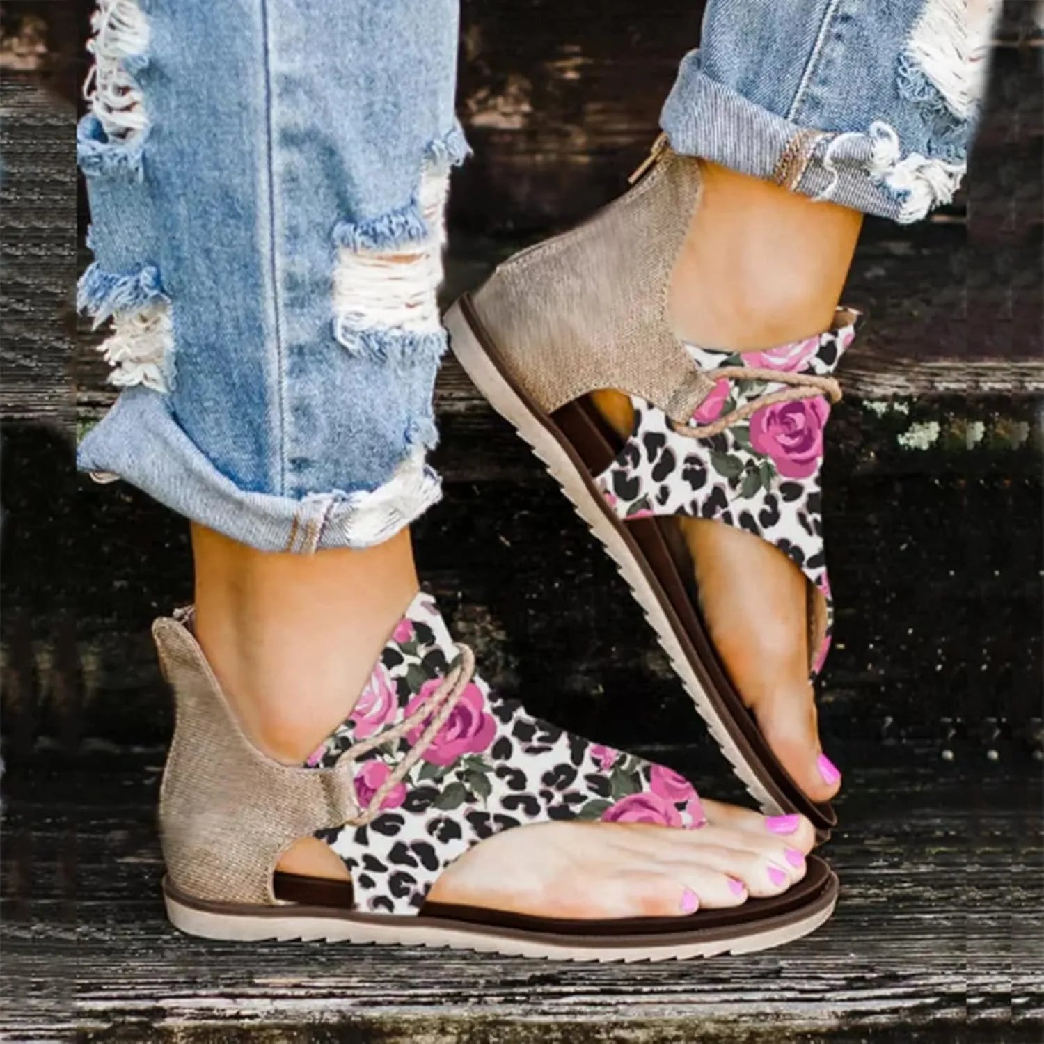 Women Sandals Flowers Summer Open Toe Flip Flops Beach Zipper Back Clip Toe Cutout Flats Slip On Dress Shoes