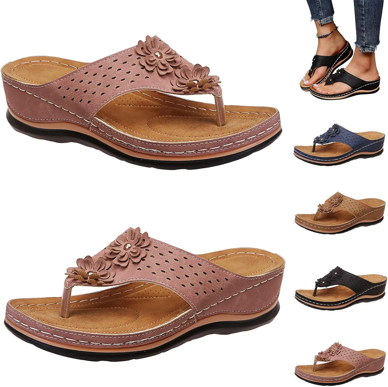 Women Wedge Sandals Orthopedic Clip Toe Orthopedic Sandals with Arch Support Casual Walking Slip on Flip Flops