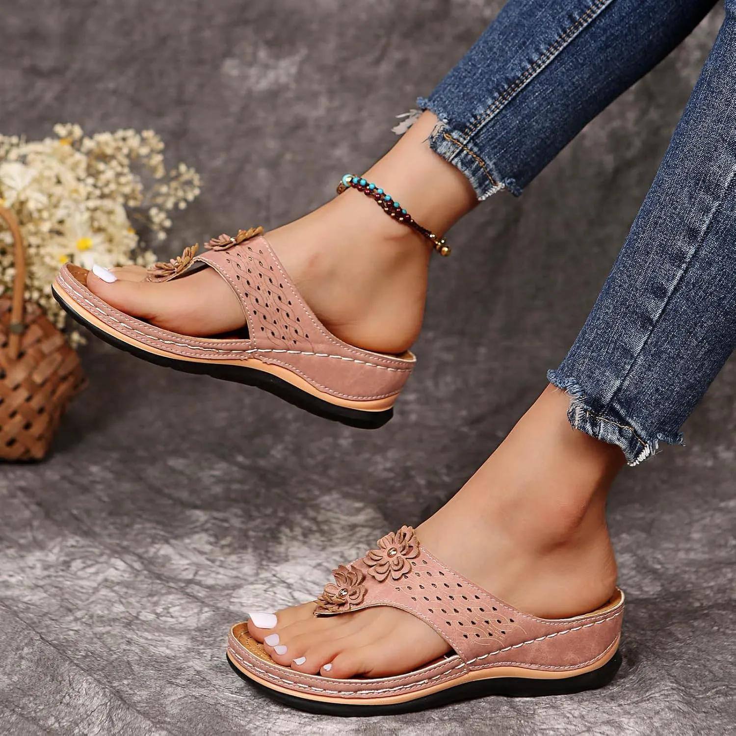 Women Wedge Sandals Orthopedic Clip Toe Orthopedic Sandals with Arch Support Casual Walking Slip on Flip Flops