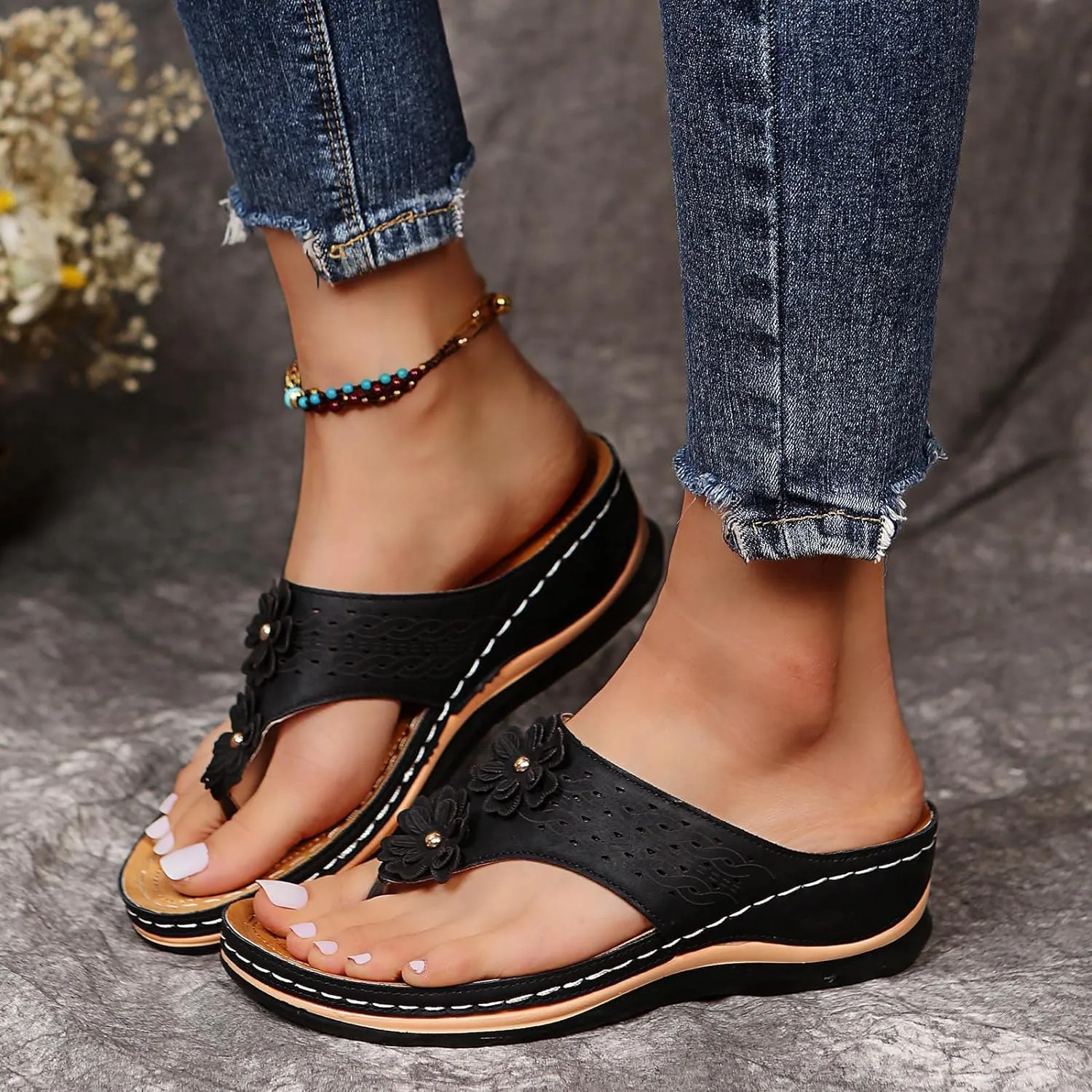 Women Wedge Sandals Orthopedic Clip Toe Orthopedic Sandals with Arch Support Casual Walking Slip on Flip Flops