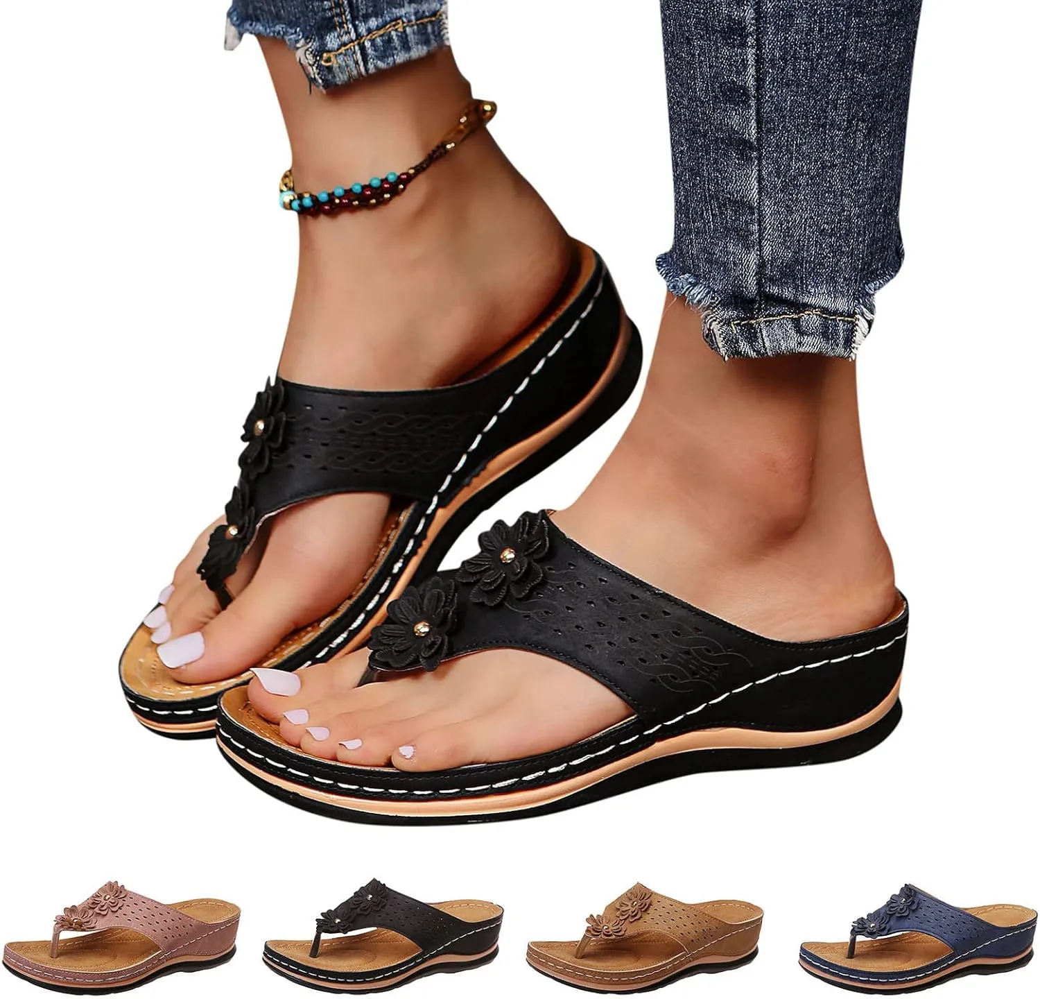 Women Wedge Sandals Orthopedic Clip Toe Orthopedic Sandals with Arch Support Casual Walking Slip on Flip Flops