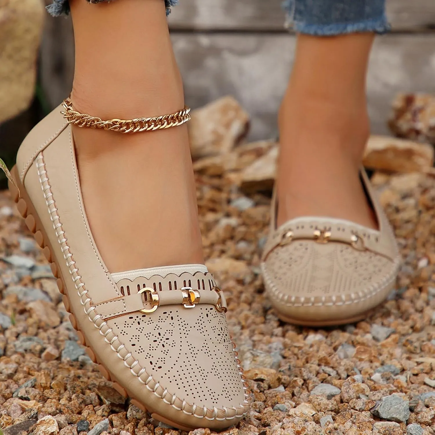 Womens Ballet Flat Handmade Floral Hollow Round Toe Dress Shoes Casual Slip On Rope Loafer Flowers PU Leather Flats