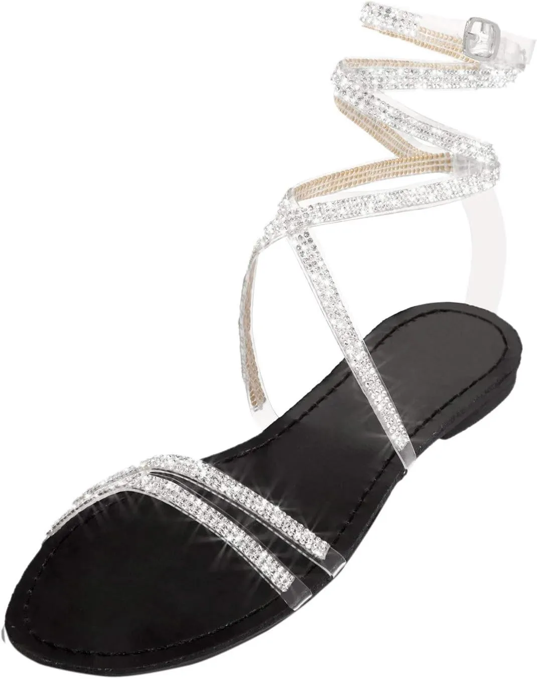 Womens Flat Sandals Women Bohemian Pearl Crystal Flat Sandals Strap Sandals for Women Open Toe Slingback Shoes
