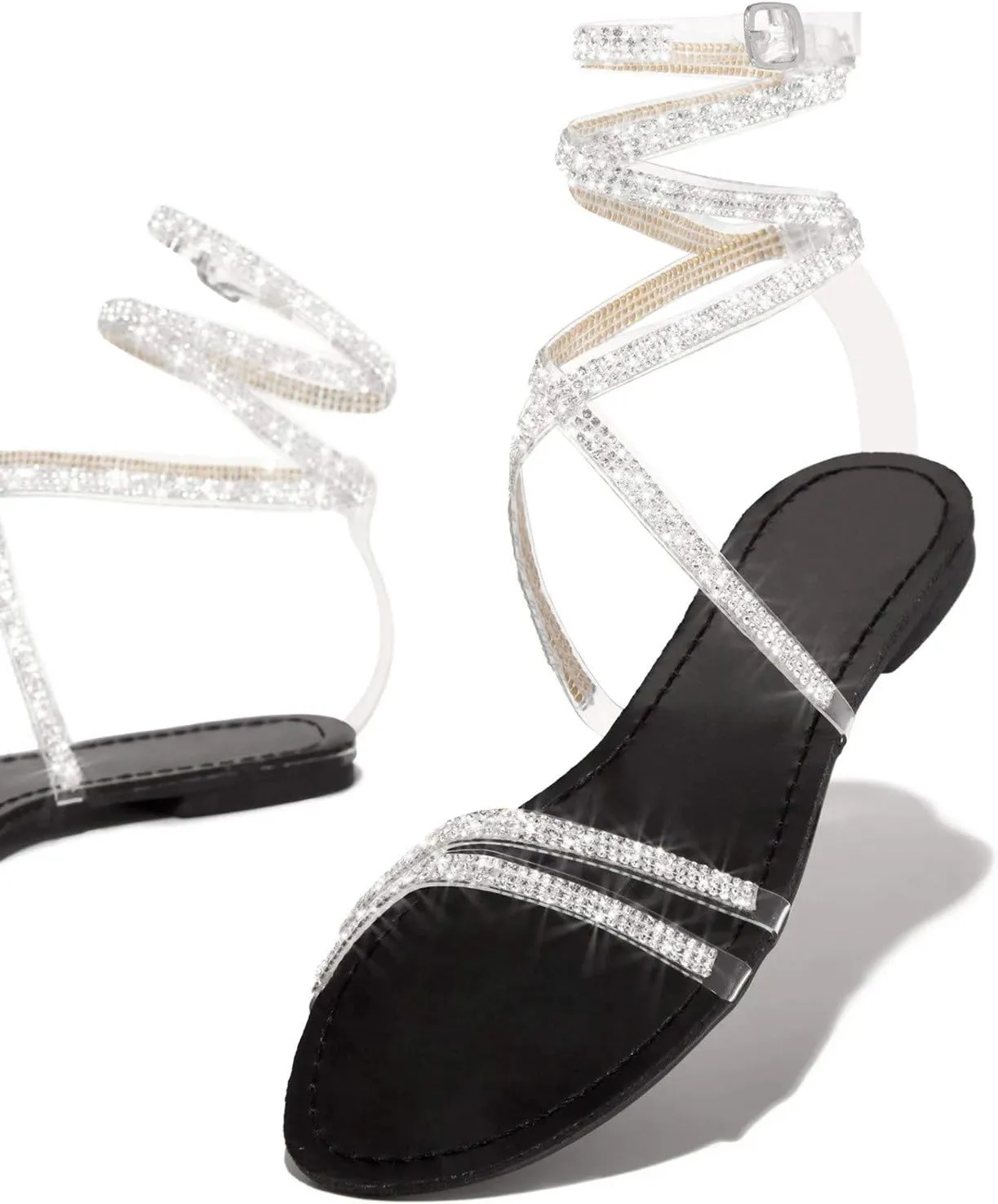 Womens Flat Sandals Women Bohemian Pearl Crystal Flat Sandals Strap Sandals for Women Open Toe Slingback Shoes