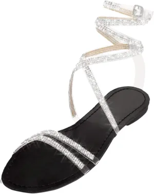 Womens Flat Sandals Women Bohemian Pearl Crystal Flat Sandals Strap Sandals for Women Open Toe Slingback Shoes