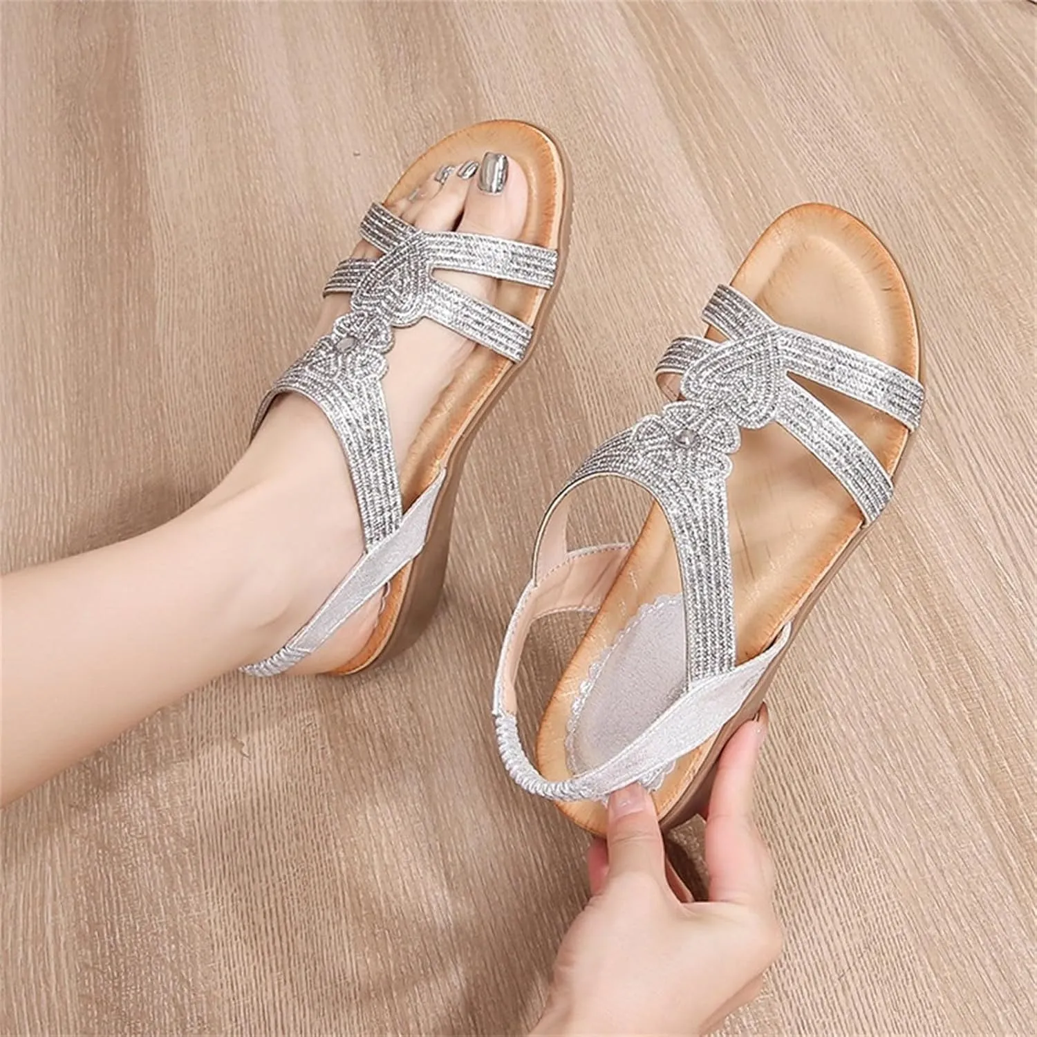Womens Flats Bohemia Glitter Love Pattern Sandals Open Toe Ankle Strap Beach Sandal Comfortable Summer Dress Shoes