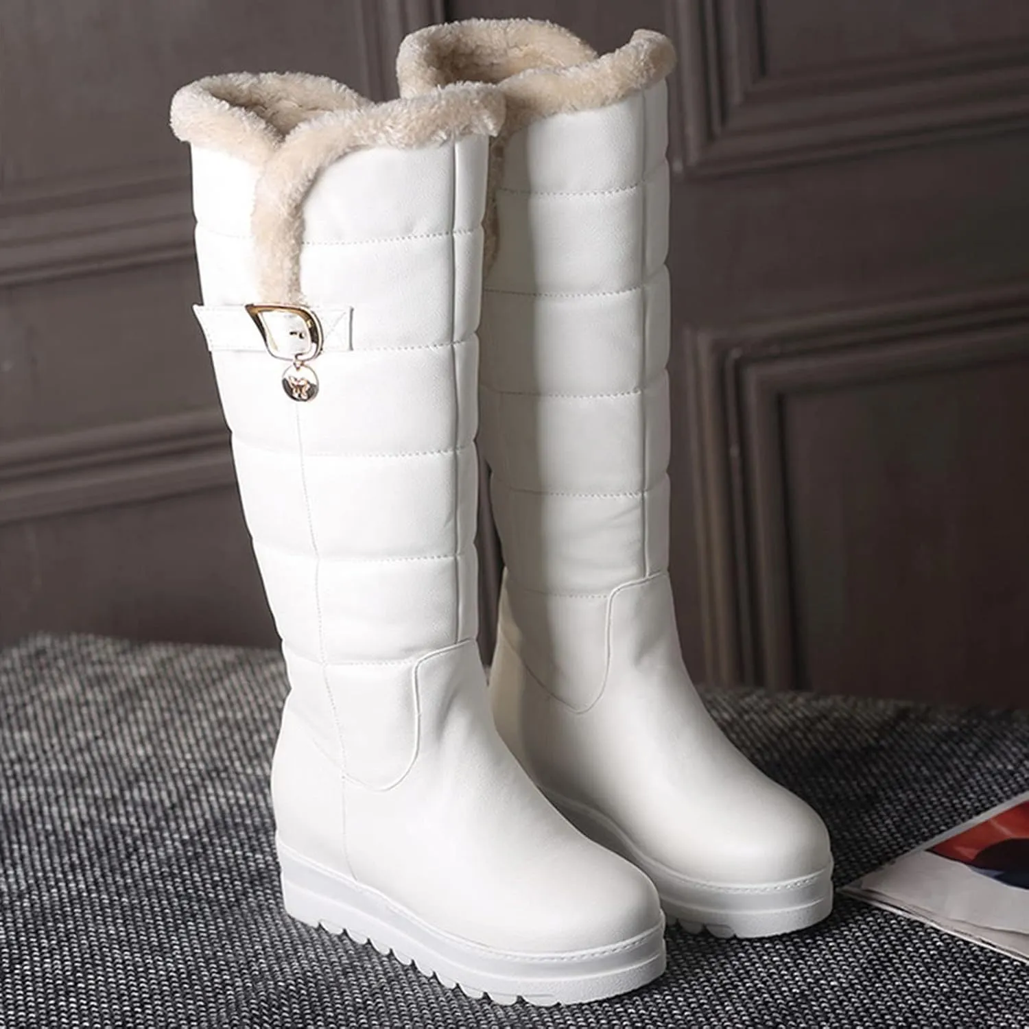 Womens Knee High Snow Boots Waterproof Fur Lined Winter Warm Boots Platform Lug Sole Wide Width Boots