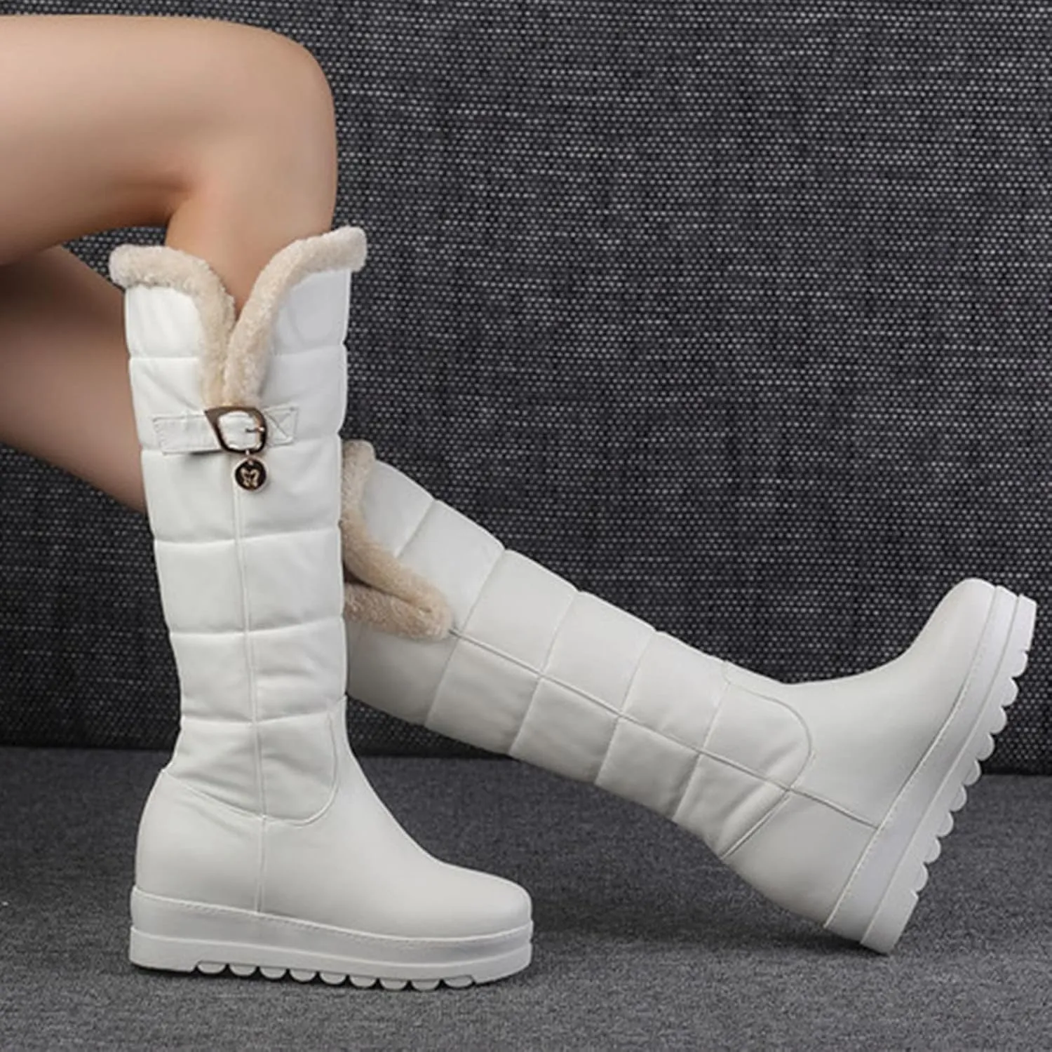Womens Knee High Snow Boots Waterproof Fur Lined Winter Warm Boots Platform Lug Sole Wide Width Boots