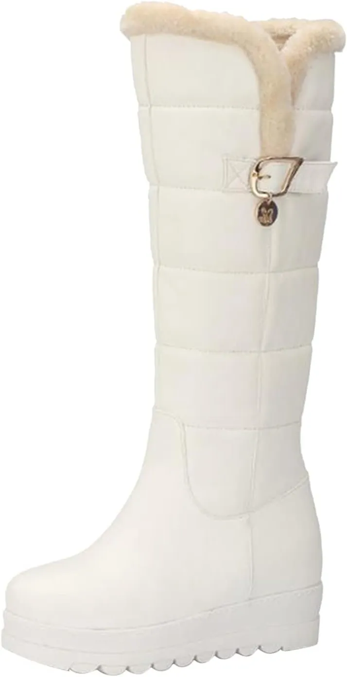 Womens Knee High Snow Boots Waterproof Fur Lined Winter Warm Boots Platform Lug Sole Wide Width Boots