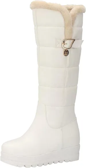 Womens Knee High Snow Boots Waterproof Fur Lined Winter Warm Boots Platform Lug Sole Wide Width Boots
