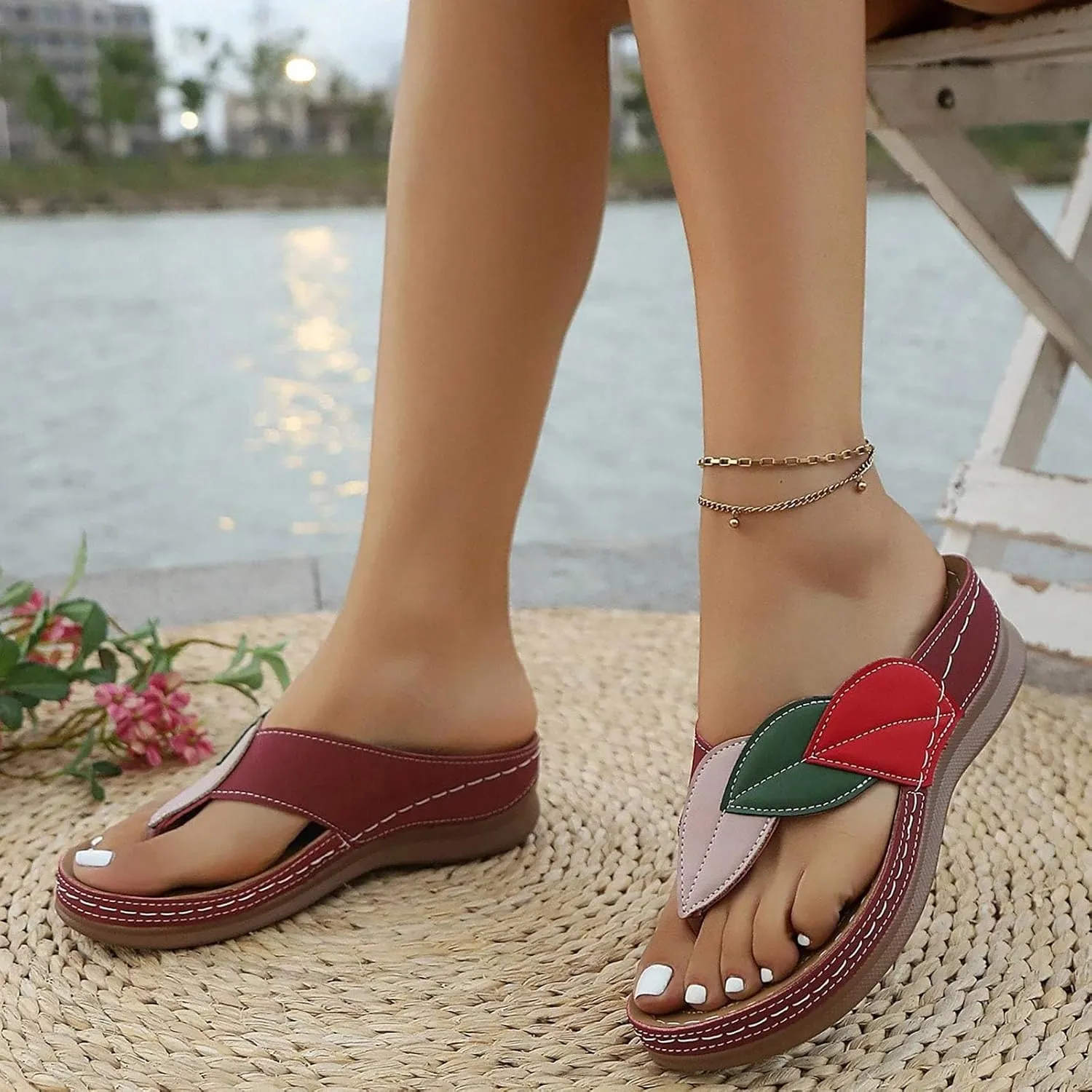 Women's Leather Fashionable Wedges Strap Arch Support Sandals Orthopedic Sandals for Women Two Strap Sandals Women