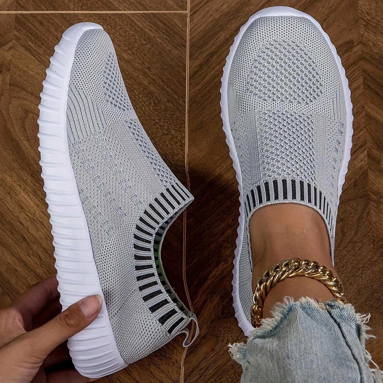 Women's Mesh Flats Shoes Knit Slip on Comfortable Sneaker Breathable Slip on Walking Tennis Shoes Casual Fashion Athletic Sneakers