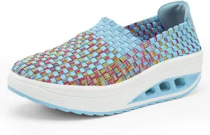Women's Mesh Woven Breathable Slip On Orthopedic Walking Shoes,Fashion Wedge Platform Slip on Loafer Walking Shoes with Arch Support
