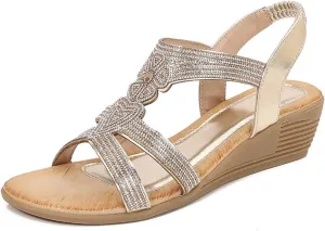 Womens Sandal Bohemia Glitter Love Pattern Flats Open Toe Ankle Strap Beach Sandal Comfortable Summer Dress Shoes