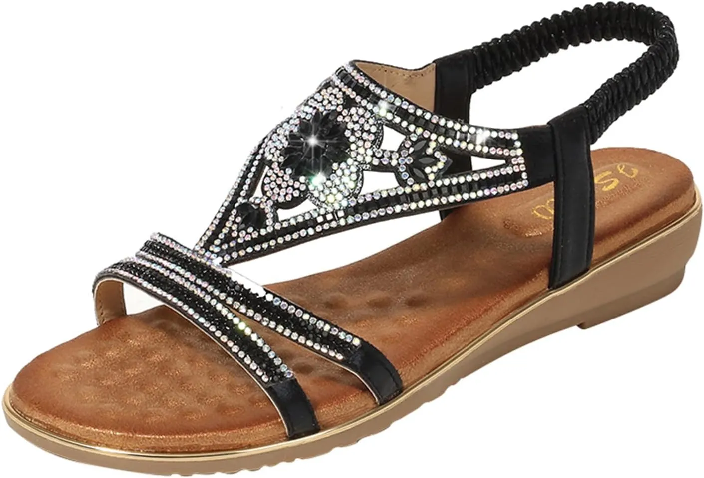 Women's Sandals Arch Support Sandals T-Strap Bohemian Beaded Flat Sandals Summer Beach Shoes Elastic Ankle Strap Sandal