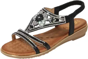 Women's Sandals Arch Support Sandals T-Strap Bohemian Beaded Flat Sandals Summer Beach Shoes Elastic Ankle Strap Sandal