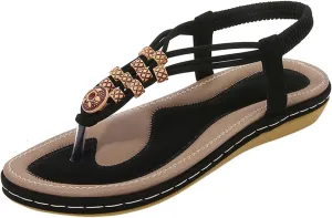 Women's Sandals Arch Support Sandals T-Strap Bohemian Beaded Flat Sandals Summer Beach Shoes Elastic Ankle Strap Sandal
