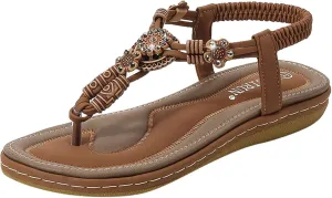 Women's Sandals Arch Support Sandals T-Strap Bohemian Beaded Flat Sandals Summer Beach Shoes Elastic Ankle Strap Sandal