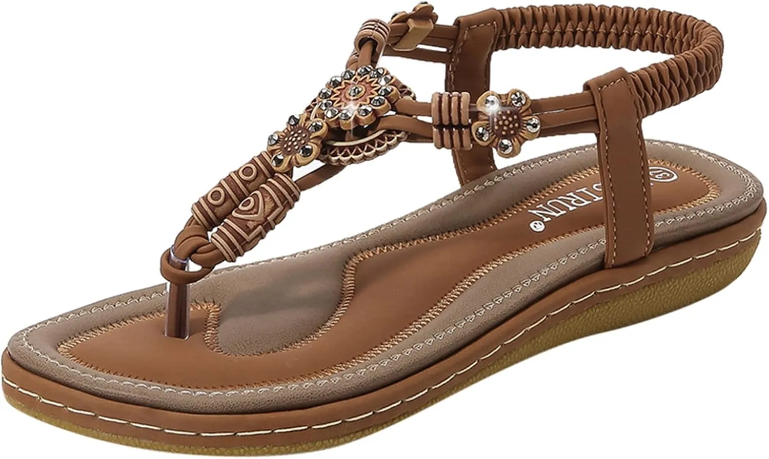 Women's Sandals Arch Support Sandals T-Strap Bohemian Beaded Flat Sandals Summer Beach Shoes Elastic Ankle Strap Sandal