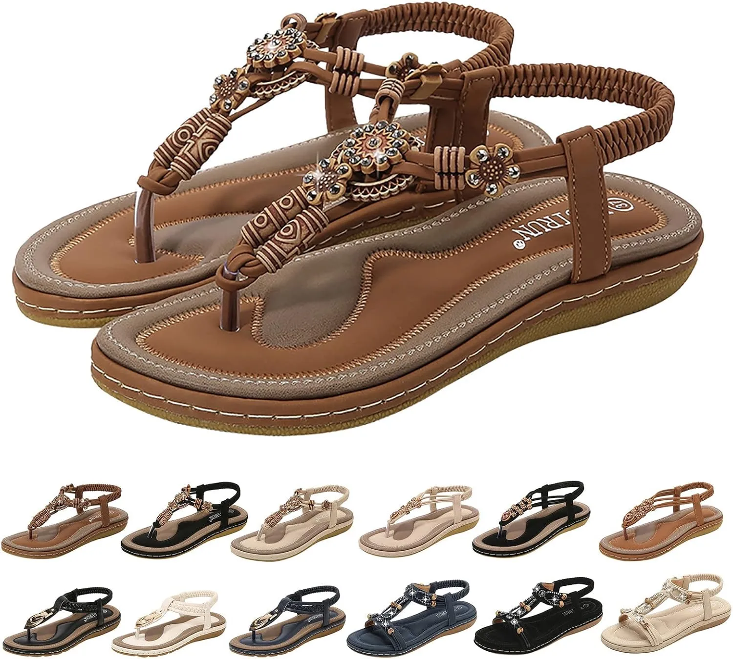 Women's Sandals Arch Support Sandals T-Strap Bohemian Beaded Flat Sandals Summer Beach Shoes Elastic Ankle Strap Sandal