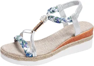 Women's Sandals Elastic Ankle Strap Jeweled Bohemian Sandals Summer Beach Walking Arch Support Flats Shoes