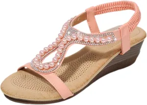 Women's Sandals Summer Pearl Bohemia Wedge Sandals Retro Ethnic Open Toe T-Strap Beach Pumps Slingback Dress Shoes