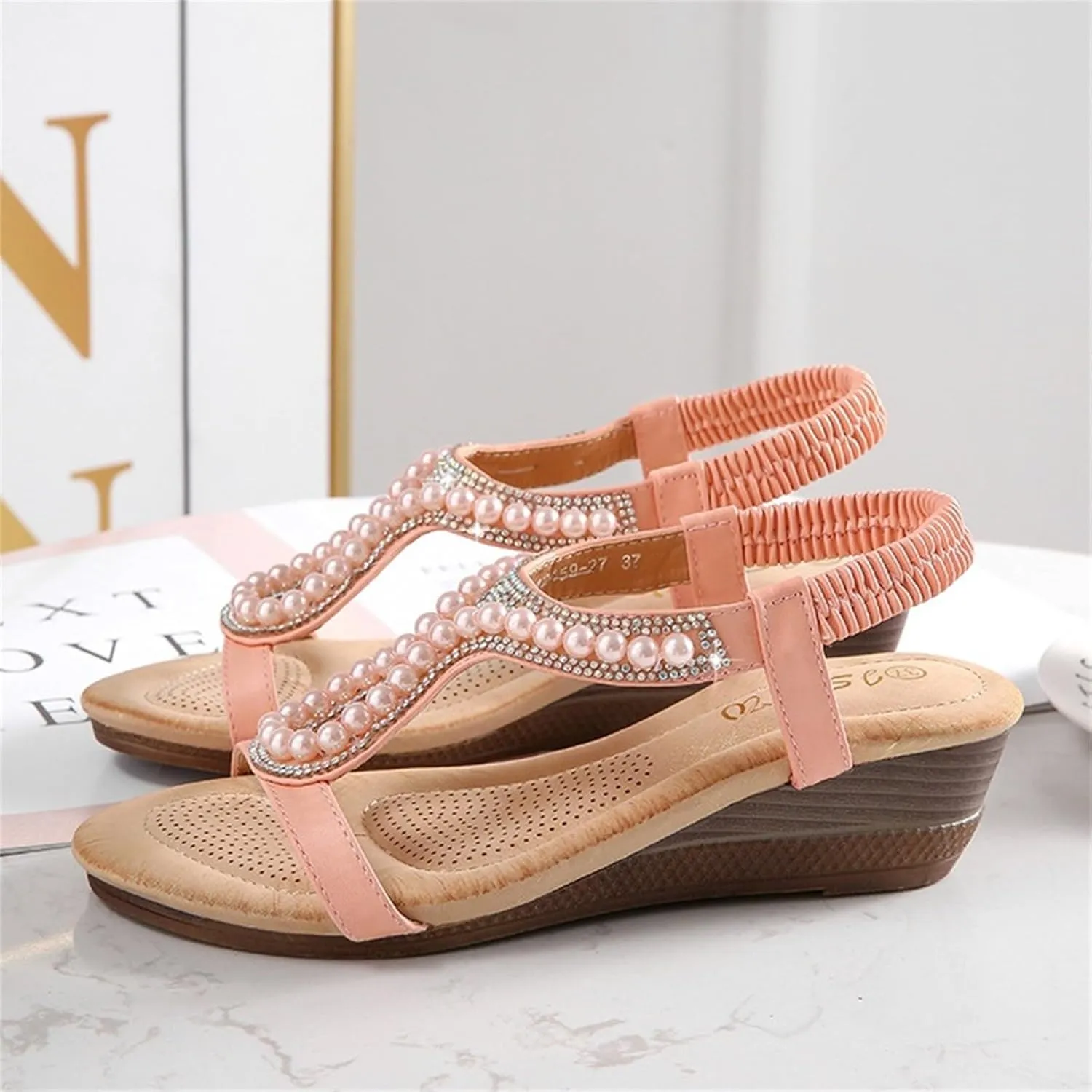 Women's Sandals Summer Pearl Bohemia Wedge Sandals Retro Ethnic Open Toe T-Strap Beach Pumps Slingback Dress Shoes