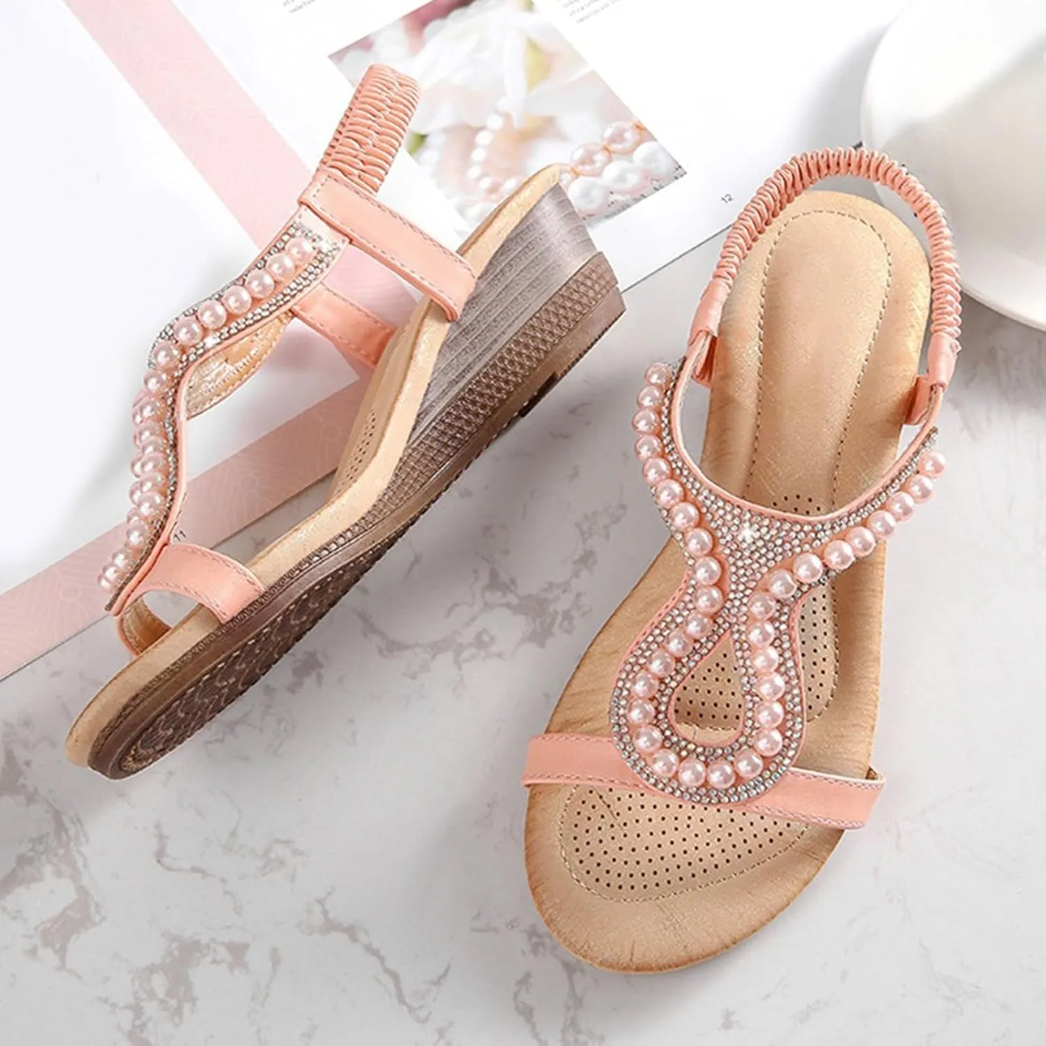 Women's Sandals Summer Pearl Bohemia Wedge Sandals Retro Ethnic Open Toe T-Strap Beach Pumps Slingback Dress Shoes