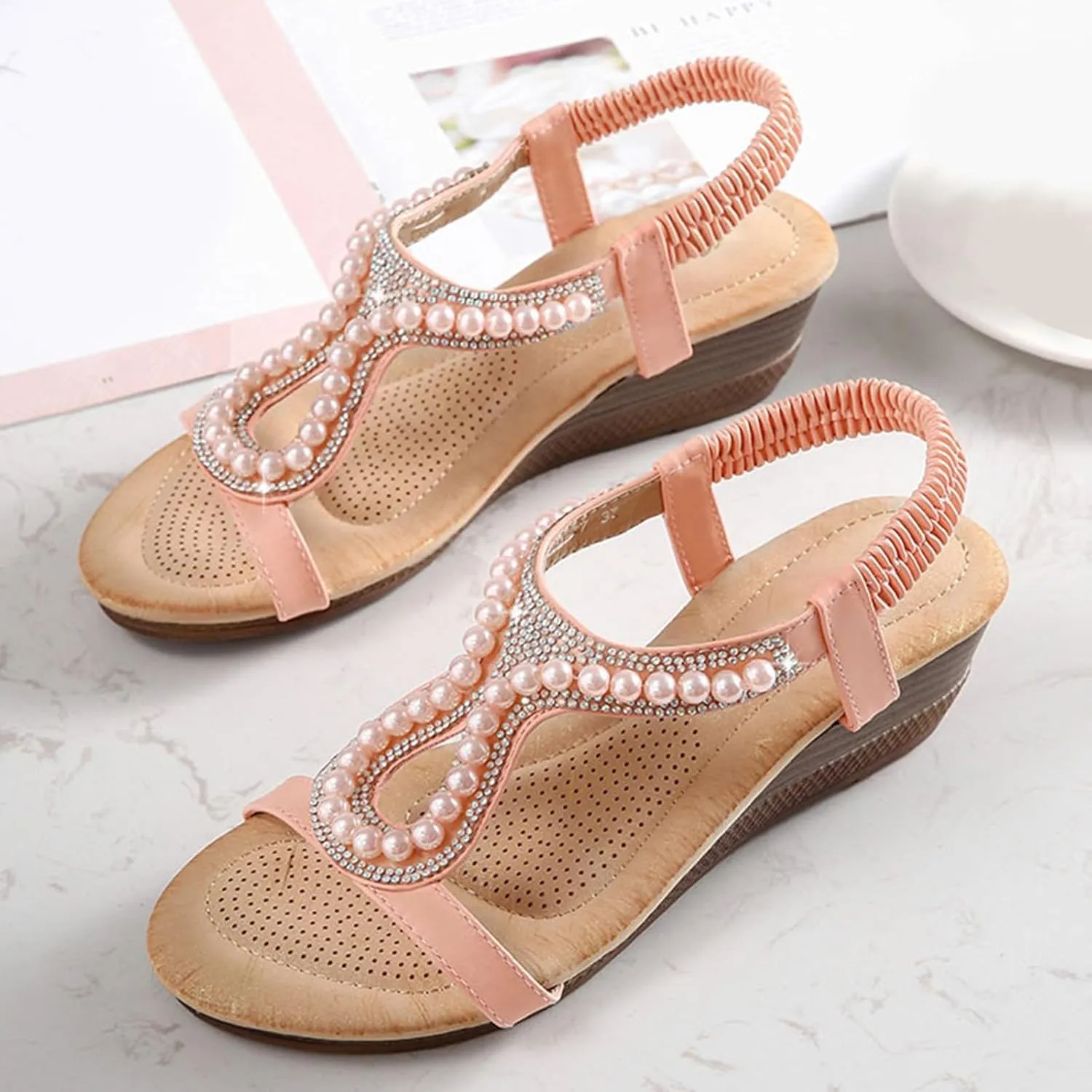 Women's Sandals Summer Pearl Bohemia Wedge Sandals Retro Ethnic Open Toe T-Strap Beach Pumps Slingback Dress Shoes