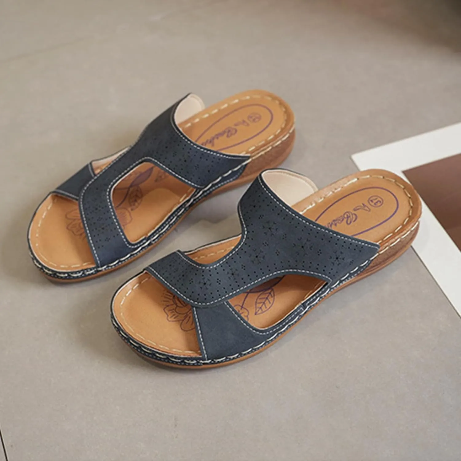 Women's Slide Sandals Comfortable Orthopedic Wedge Slip On Sandals Thick Cushion Yoga Mat Slippers Open Toe Soft Faux Leather Beach Shower Shoes for Walking Vacation Concise Casual Summer Shoes