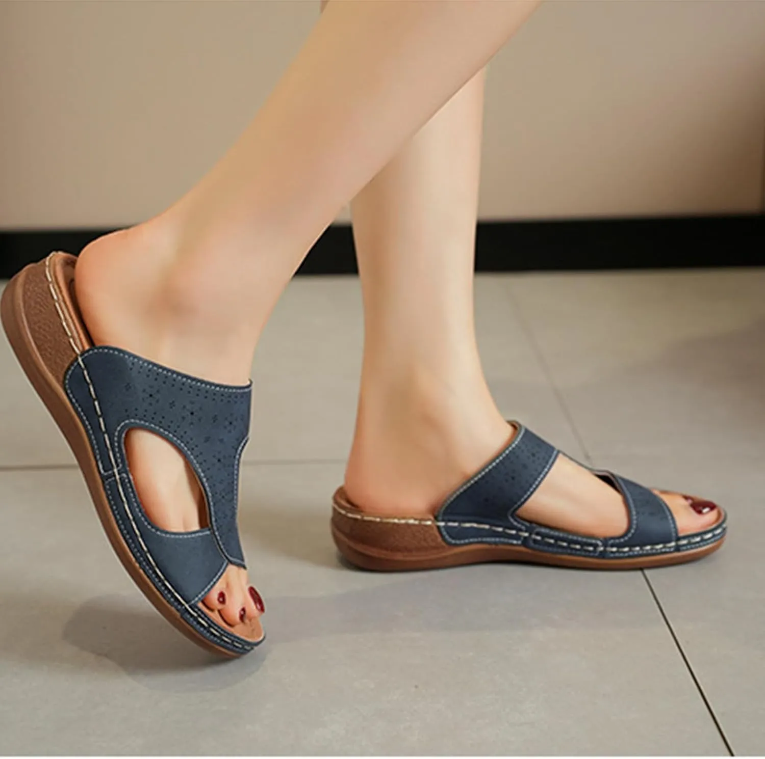 Women's Slide Sandals Comfortable Orthopedic Wedge Slip On Sandals Thick Cushion Yoga Mat Slippers Open Toe Soft Faux Leather Beach Shower Shoes for Walking Vacation Concise Casual Summer Shoes