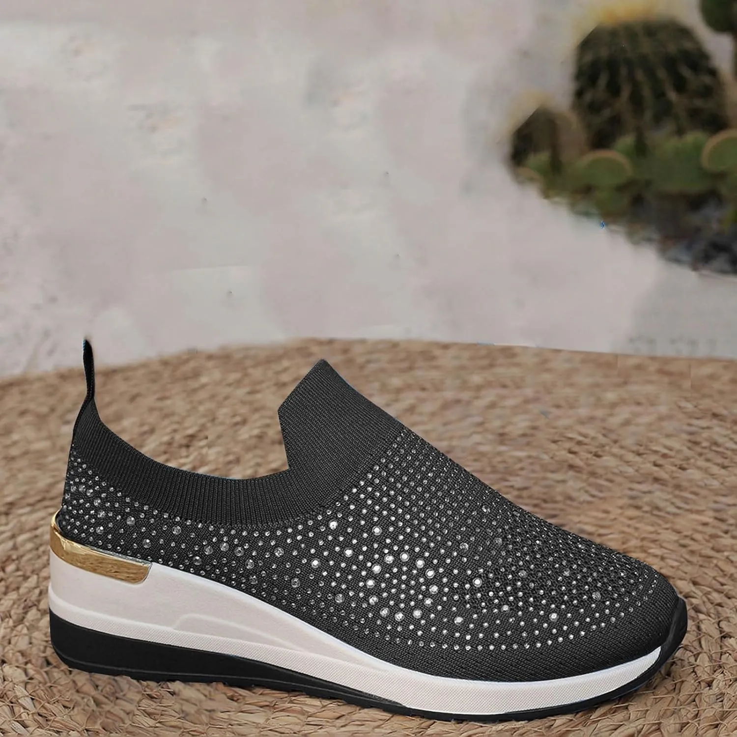 Women's Slip on Loafer Shoes Rhinestone Mesh Casual Flat Nurse Walking Sneaker Knit Comfort Classic Low Wedge Shoes