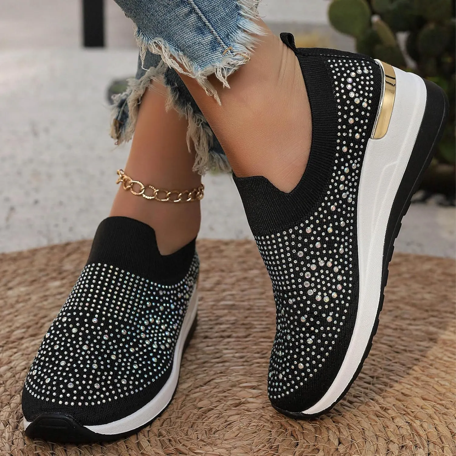 Women's Slip on Loafer Shoes Rhinestone Mesh Casual Flat Nurse Walking Sneaker Knit Comfort Classic Low Wedge Shoes