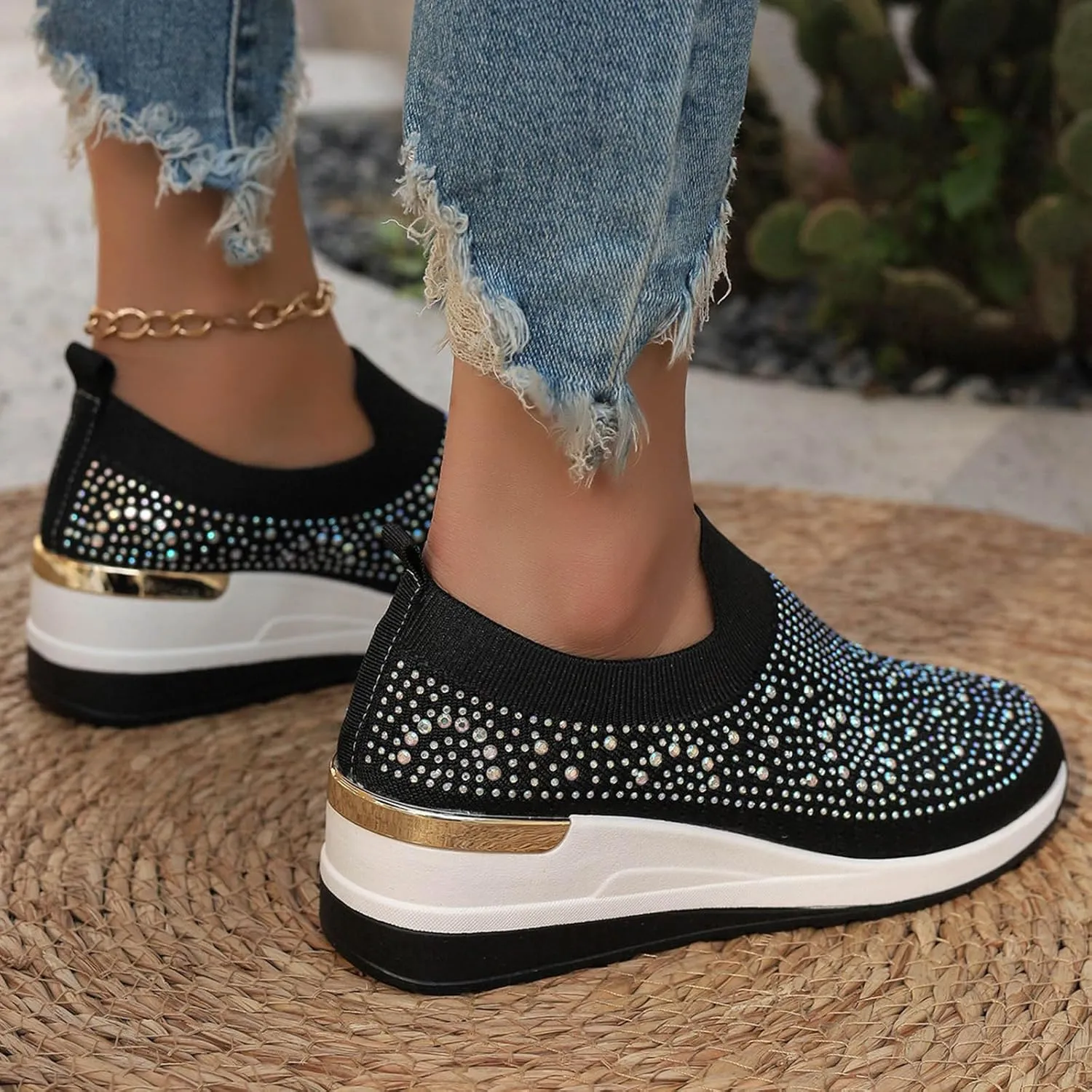 Women's Slip on Loafer Shoes Rhinestone Mesh Casual Flat Nurse Walking Sneaker Knit Comfort Classic Low Wedge Shoes
