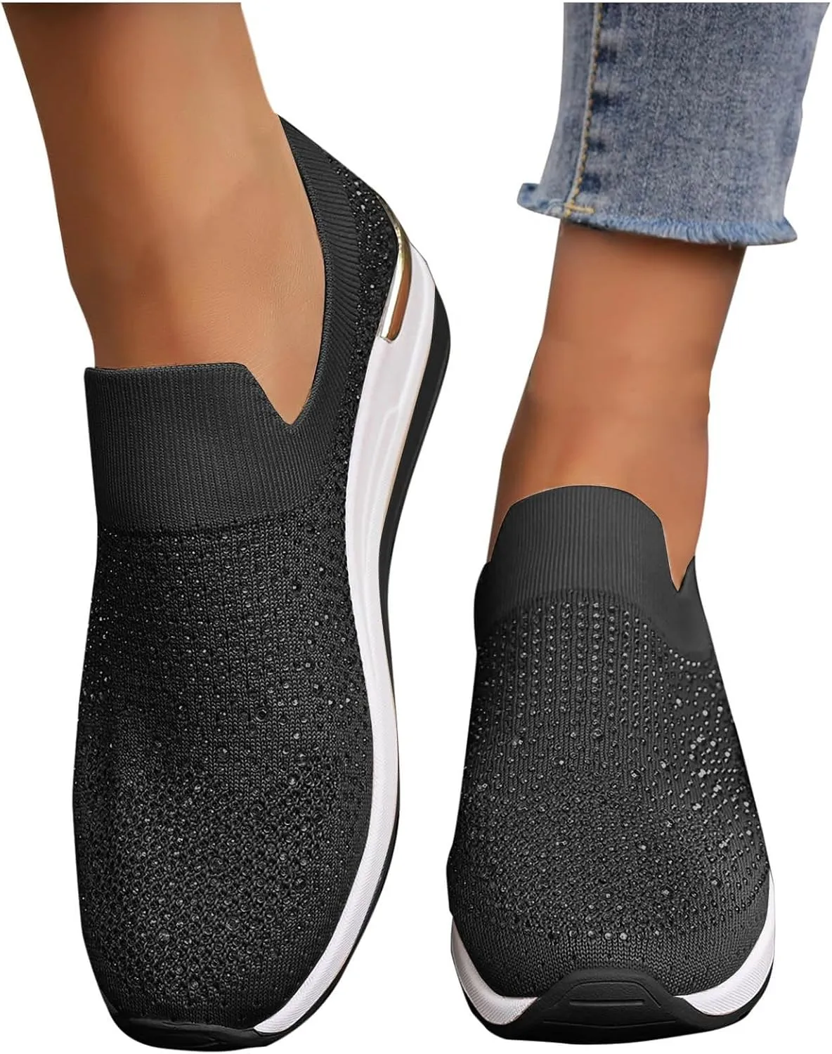 Women's Slip on Loafer Shoes Rhinestone Mesh Casual Flat Nurse Walking Sneaker Knit Comfort Classic Low Wedge Shoes