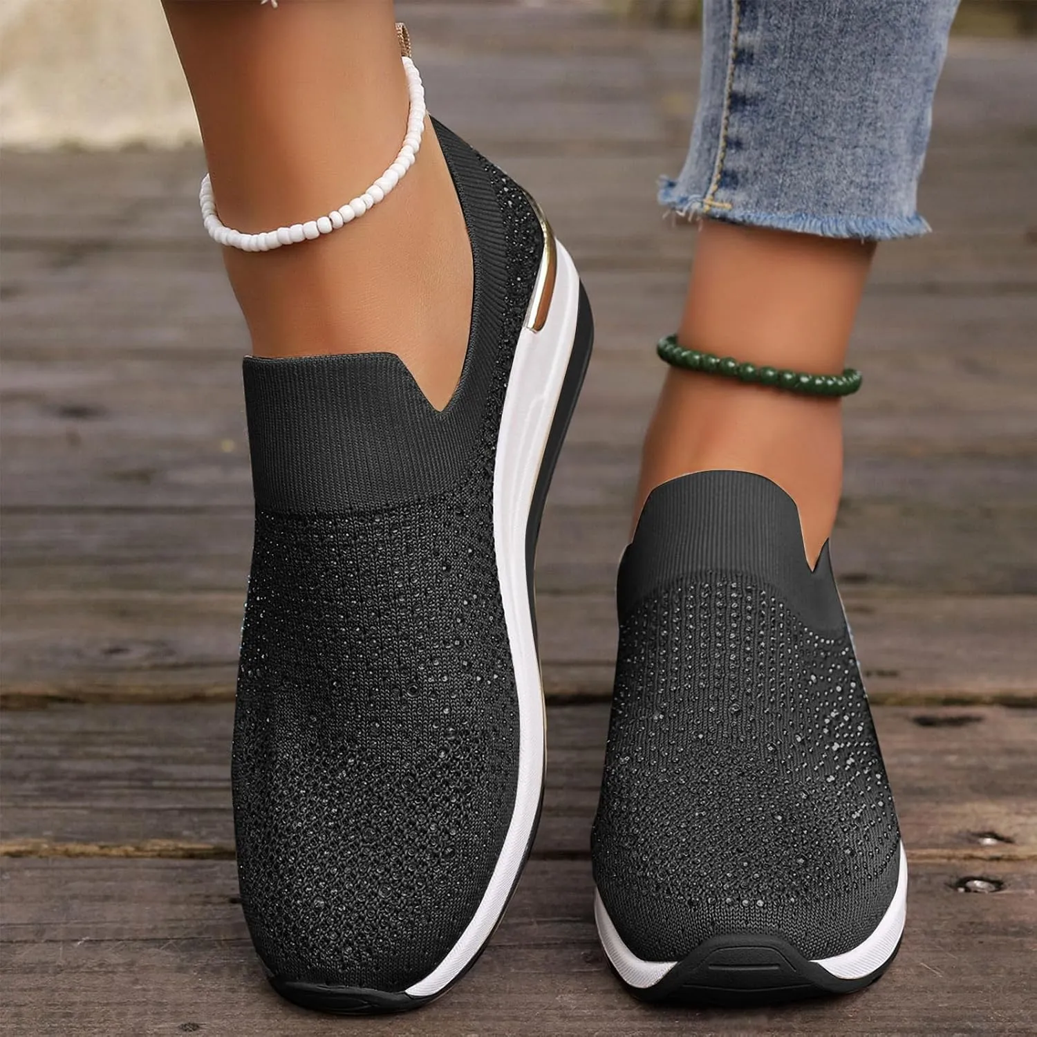 Women's Slip on Loafer Shoes Rhinestone Mesh Casual Flat Nurse Walking Sneaker Knit Comfort Classic Low Wedge Shoes