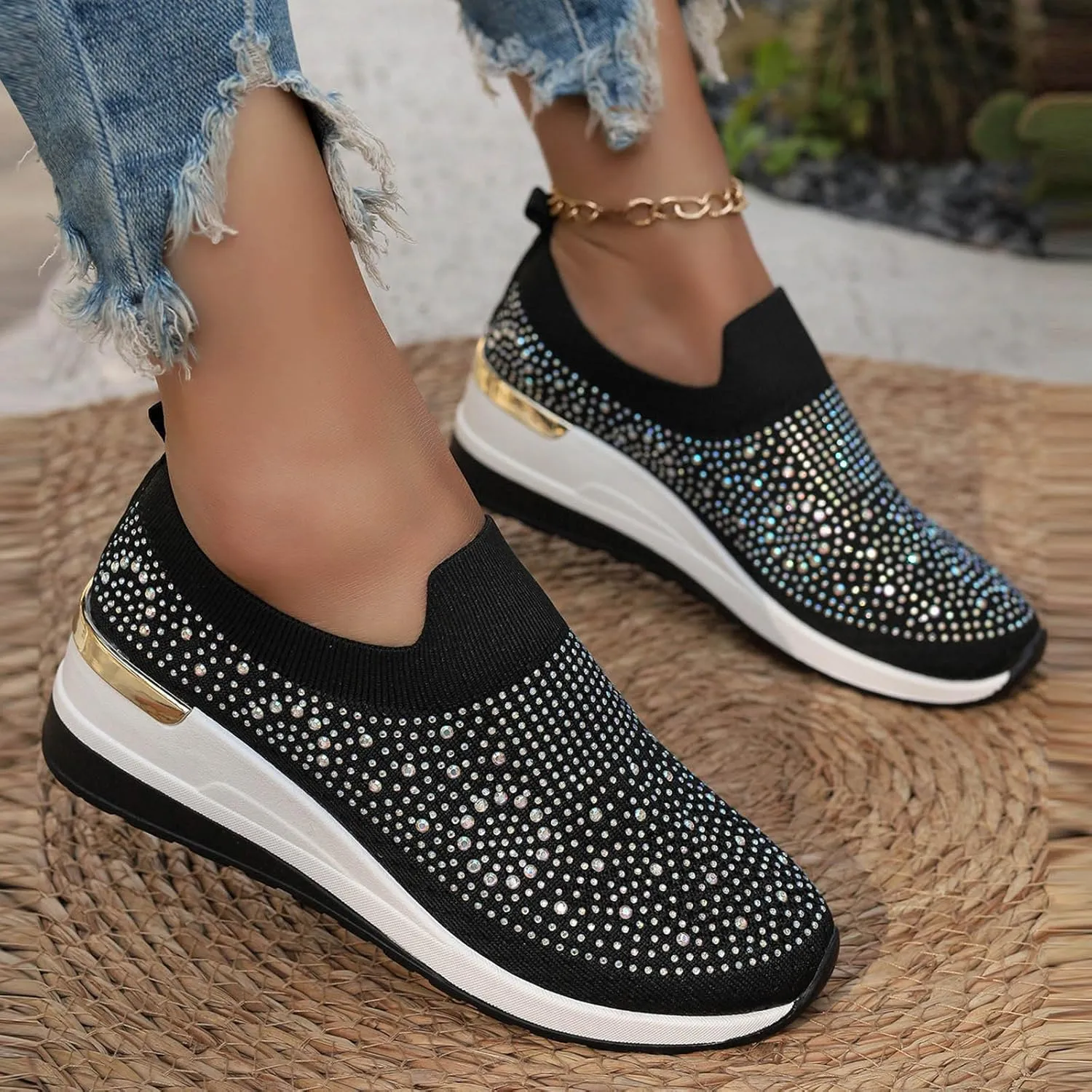 Women's Slip on Loafer Shoes Rhinestone Mesh Casual Flat Nurse Walking Sneaker Knit Comfort Classic Low Wedge Shoes