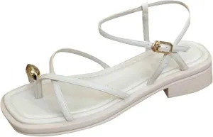 Women's Summer Sandals With One Line Buckle Clip Toe Thick Heel Temperament Thin Strap Studded Sandals for Women