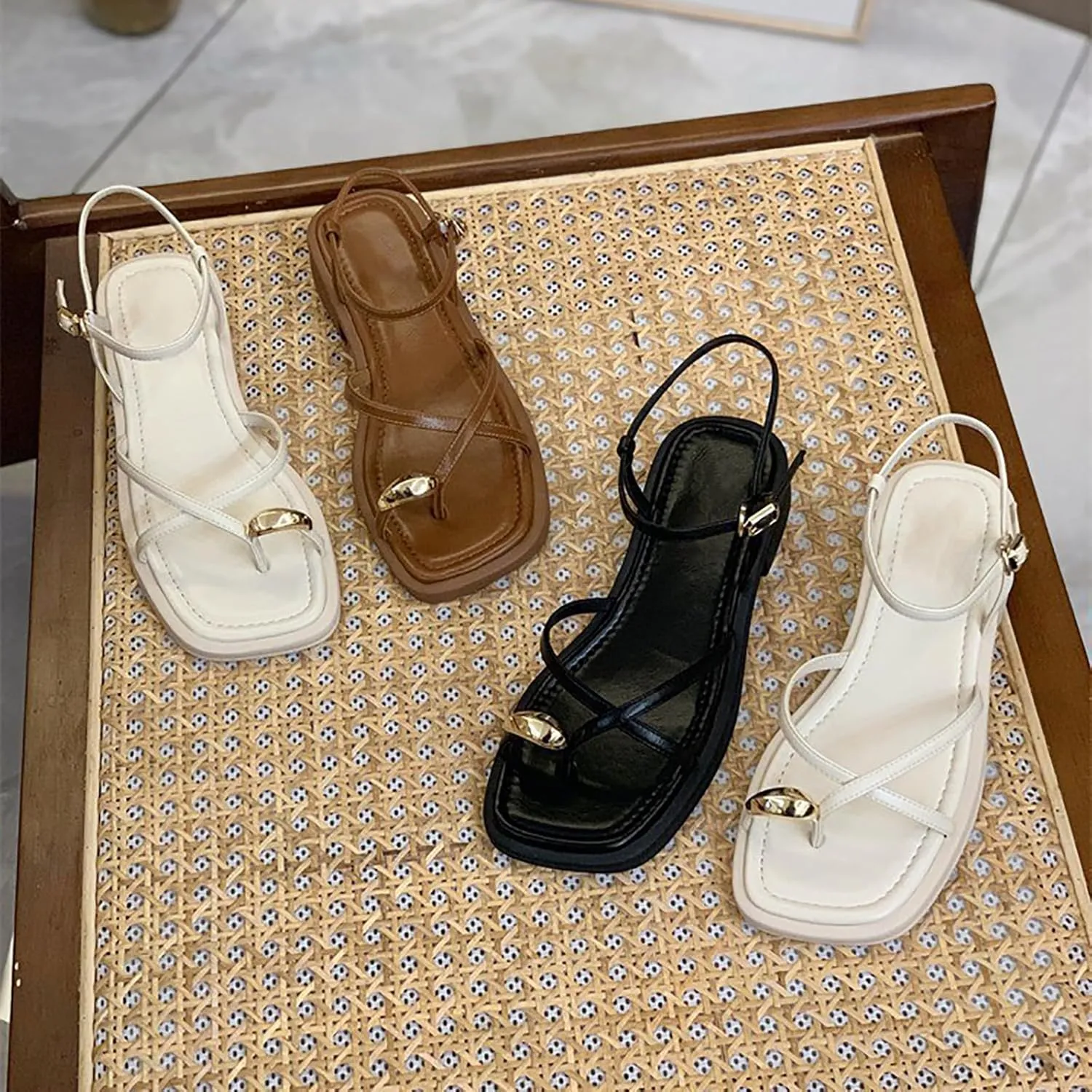 Women's Summer Sandals With One Line Buckle Clip Toe Thick Heel Temperament Thin Strap Studded Sandals for Women