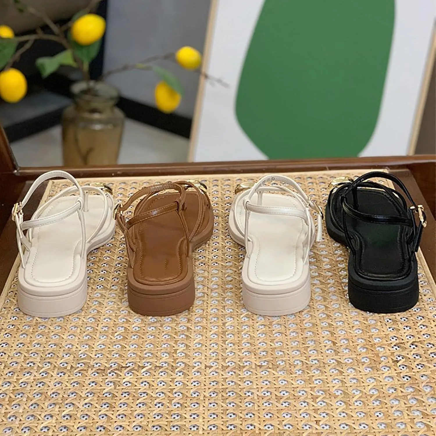 Women's Summer Sandals With One Line Buckle Clip Toe Thick Heel Temperament Thin Strap Studded Sandals for Women